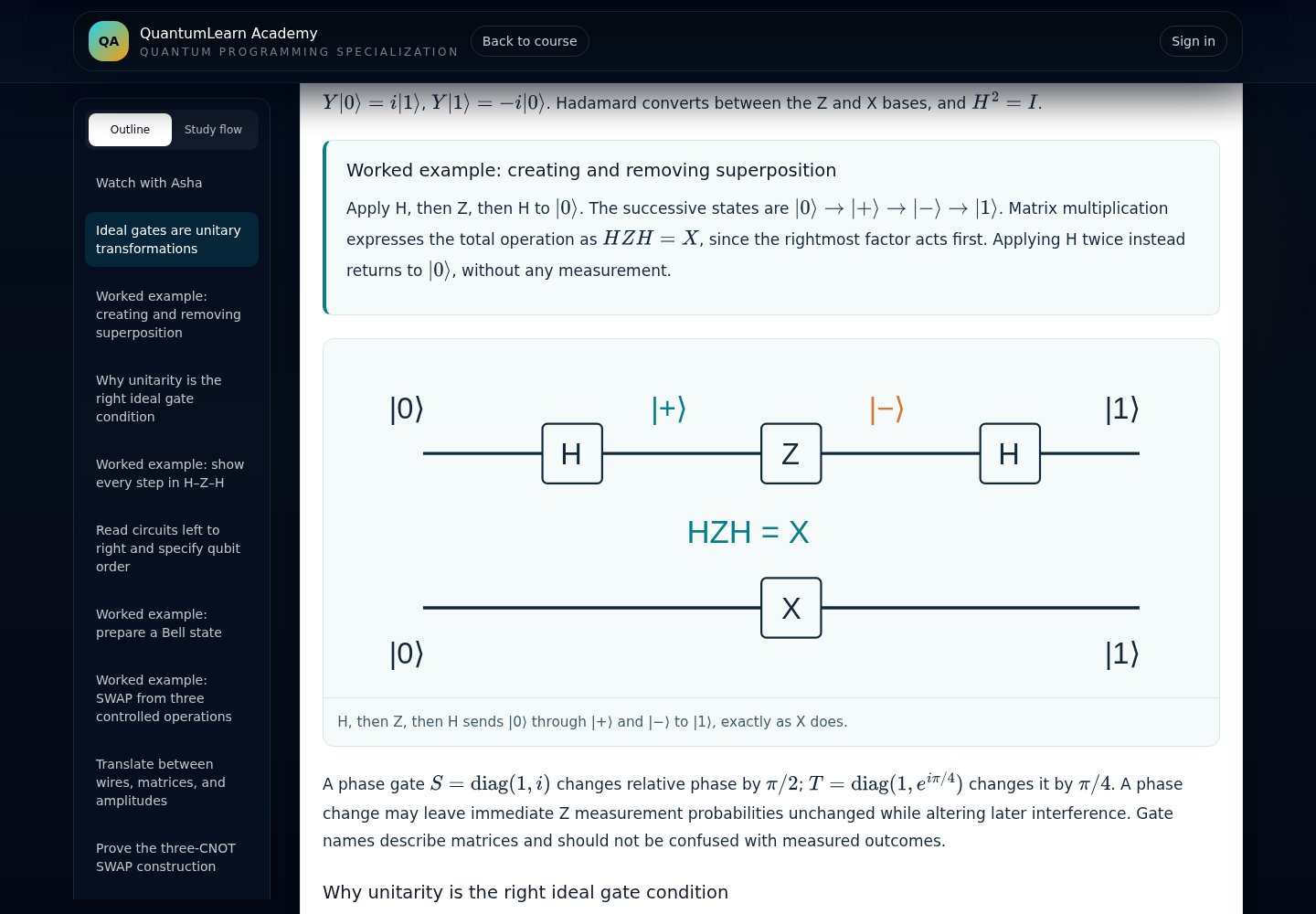 A real QuantumLearn lesson showing how a sequence of quantum gates transforms a qubit, with a lesson outline and worked example.